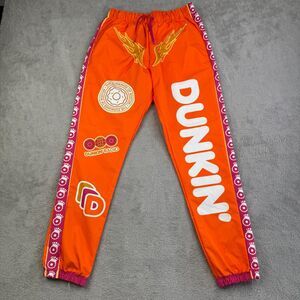 Dunkin Radio Boston Donuts Jogger Pants Mens Small Orange Graphic Elastic Waist